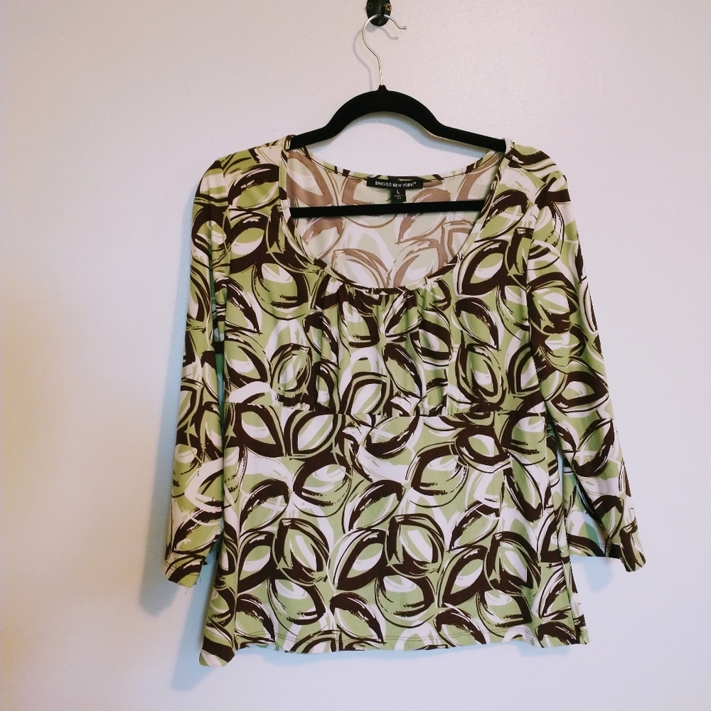 Briggs New York green and brown 70's printed blouse top size large